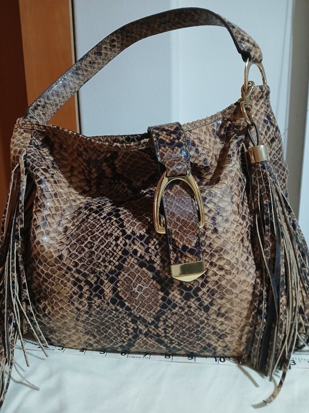 GILI QVC brand NEW soft leather hobo shoulder bag snake print brown beige large